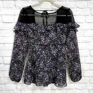 Free People Black Purple Floral Smocked Ruffle Sheer Tie Neck Tops Size 2